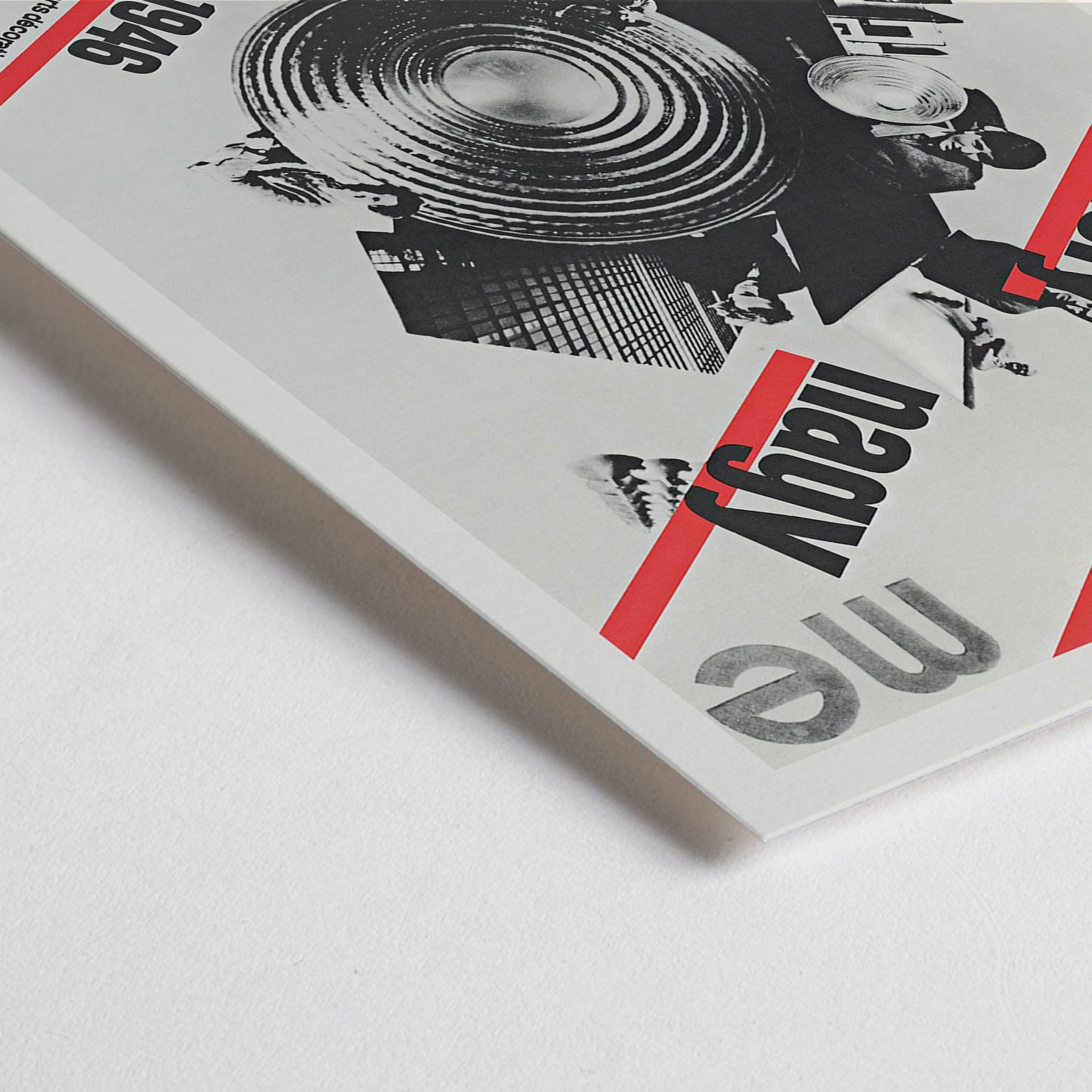 Closeup detail of Roman Cieślewicz László Moholy-Nagy poster with bold typography red diagonal stripes and geometric collage