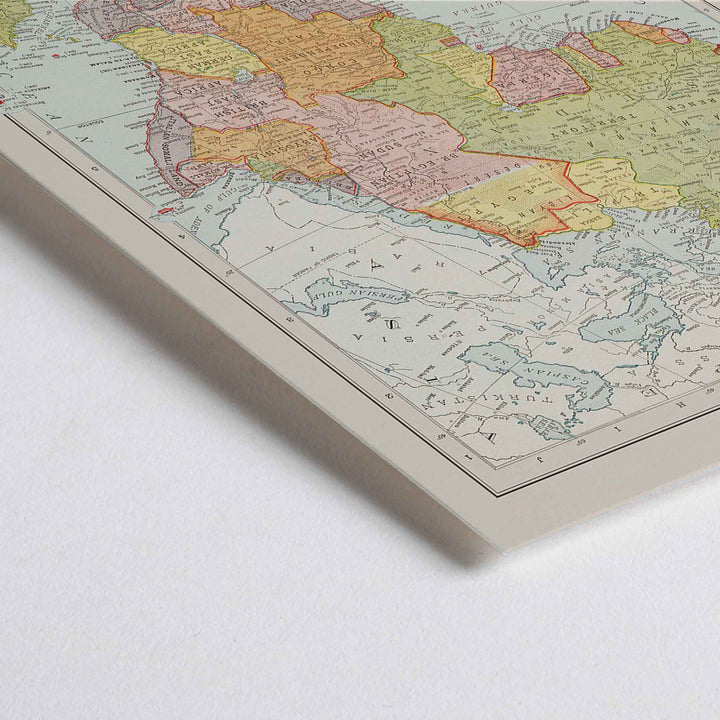 Closeup detail of Rand McNally and Company Africa Map vintage poster of the African continent in muted green yellow pink and beige tones