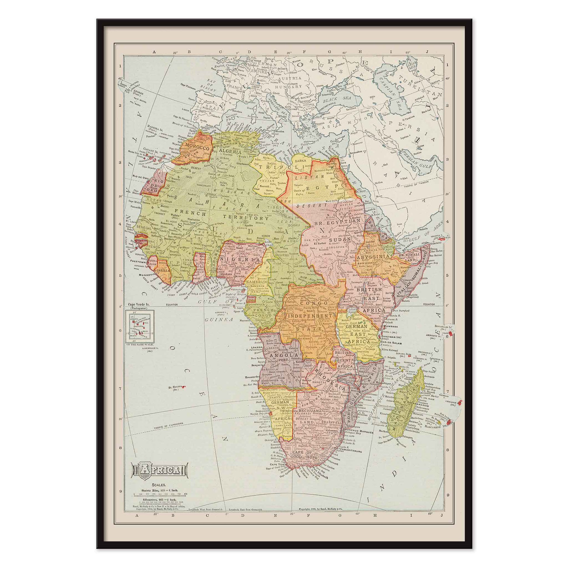 Rand McNally and Company Africa Map vintage poster of the African continent in muted green yellow pink and beige tones, with black aluminium frame on white background