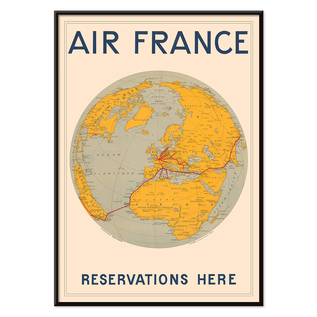 Vintage Air France travel poster by E Giraud showing world map with airline routes highlighted in red, with black aluminium frame on white background