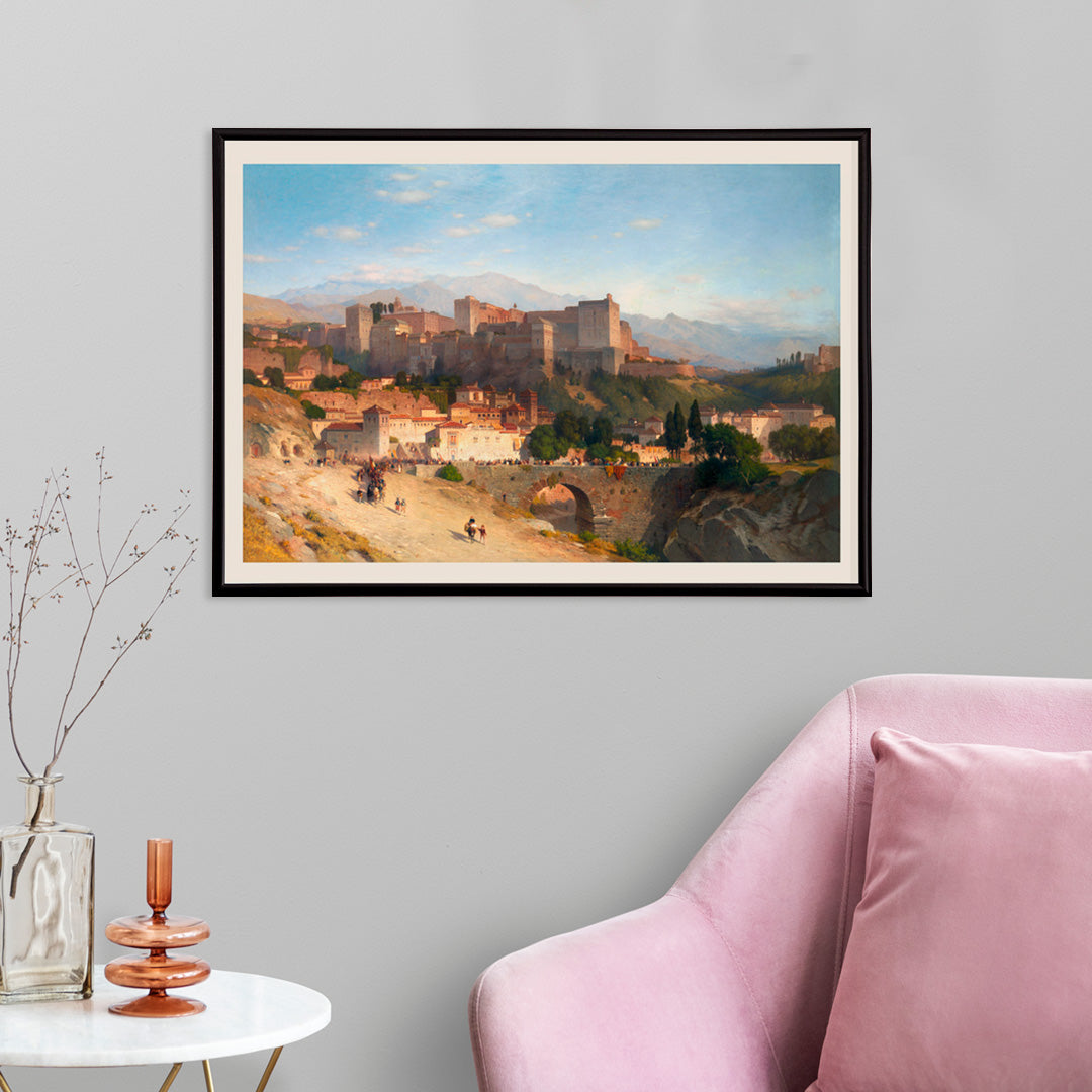 Scenic landscape view of the Alhambra in Granada by Samuel Colman poster titled The Hill of the Alhambra, framed and displayed in home decor