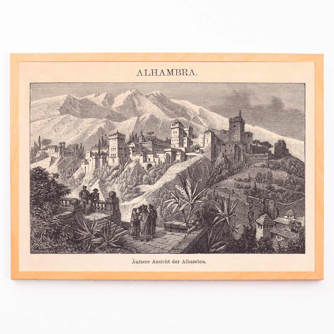 Closeup detail of Vintage illustration poster of Alhambra palace with mountains and vegetation by The Institute of Liepzig