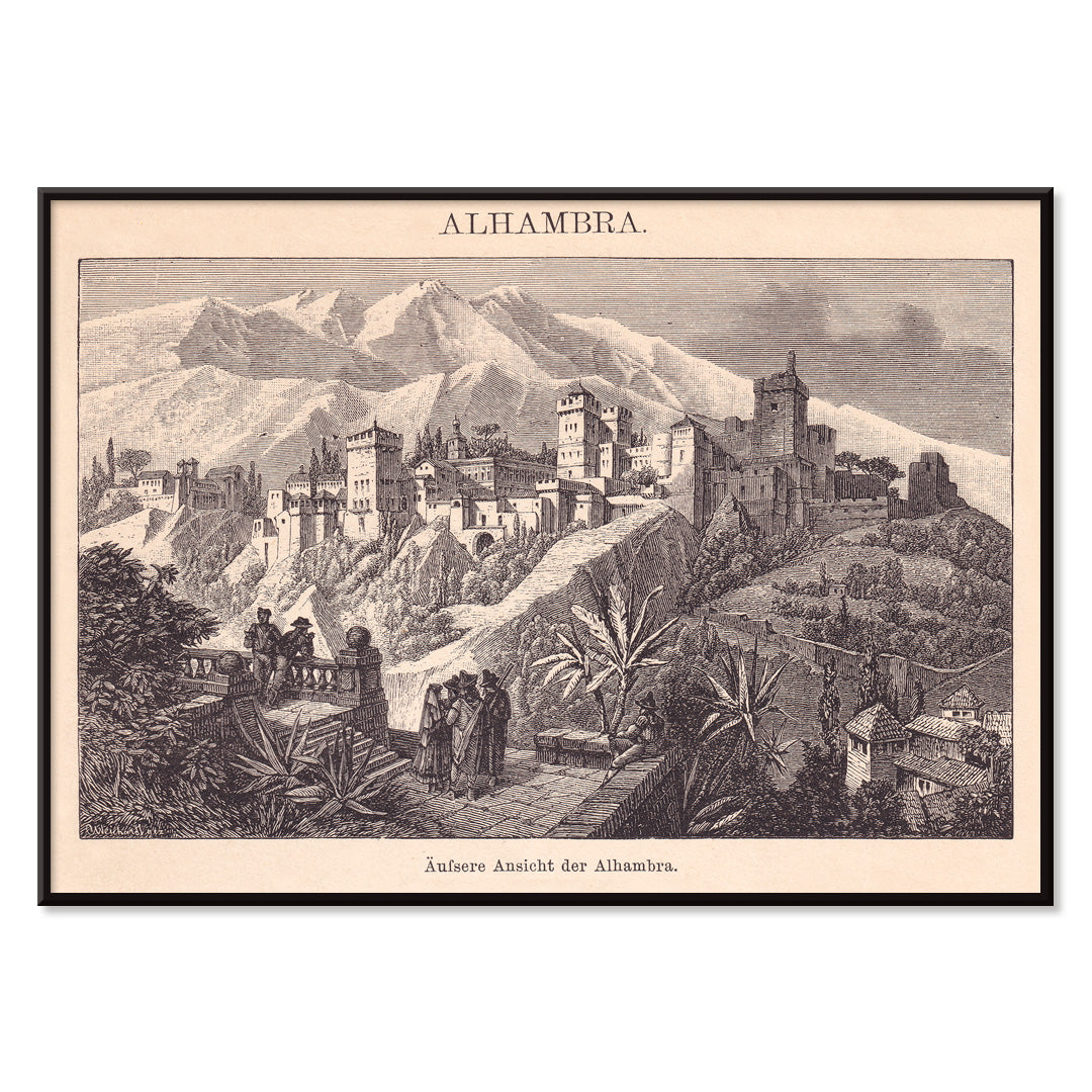 Vintage illustration poster of Alhambra palace with mountains and vegetation by The Institute of Liepzig, with black aluminium frame on white background