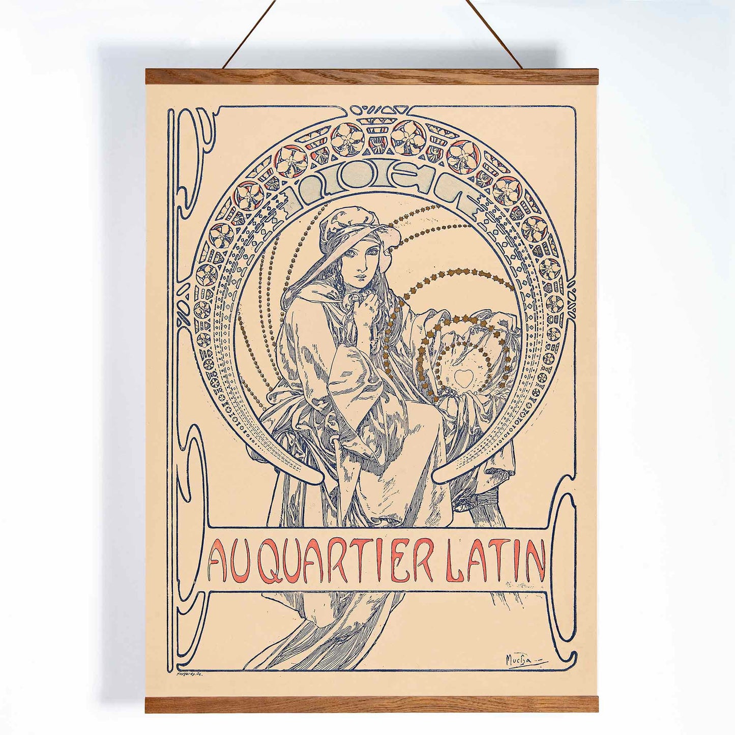 Alphonse Mucha Au Quartier Latin poster, graceful woman in Art Nouveau linework, beige and blue tones, with wooden magnetic frame on white background
