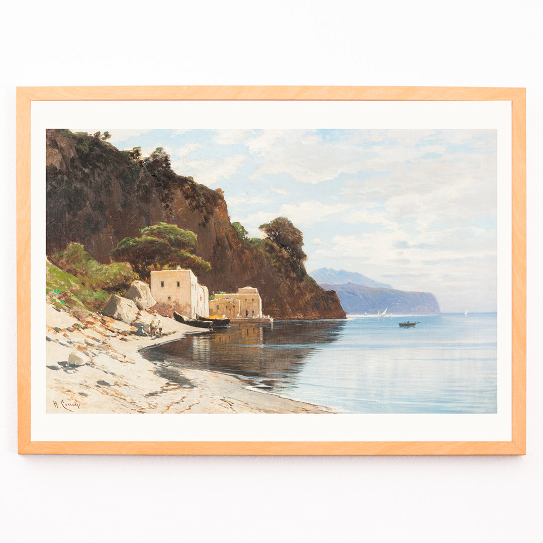 Closeup detail of Amalfi Coast landscape with boats cliffs buildings and calm sea by Hermann David Salomon Corrodi