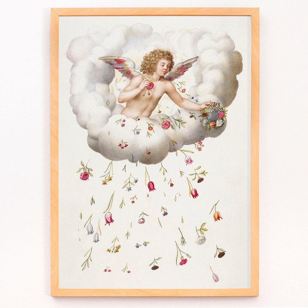 Closeup detail of Angel or cherub with wings sitting on a cloud scattering flowers La Guirlande de Julie illustration artwork poster