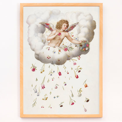 Closeup detail of Angel or cherub with wings sitting on a cloud scattering flowers La Guirlande de Julie illustration artwork poster