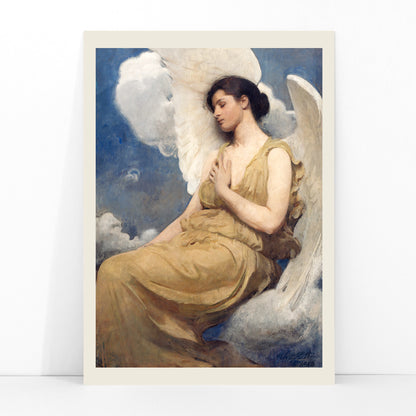Winged Figure by Abbott Handerson Thayer serene angelic woman with white wings seated among clouds painting and poster, framed and displayed in modern living room decor