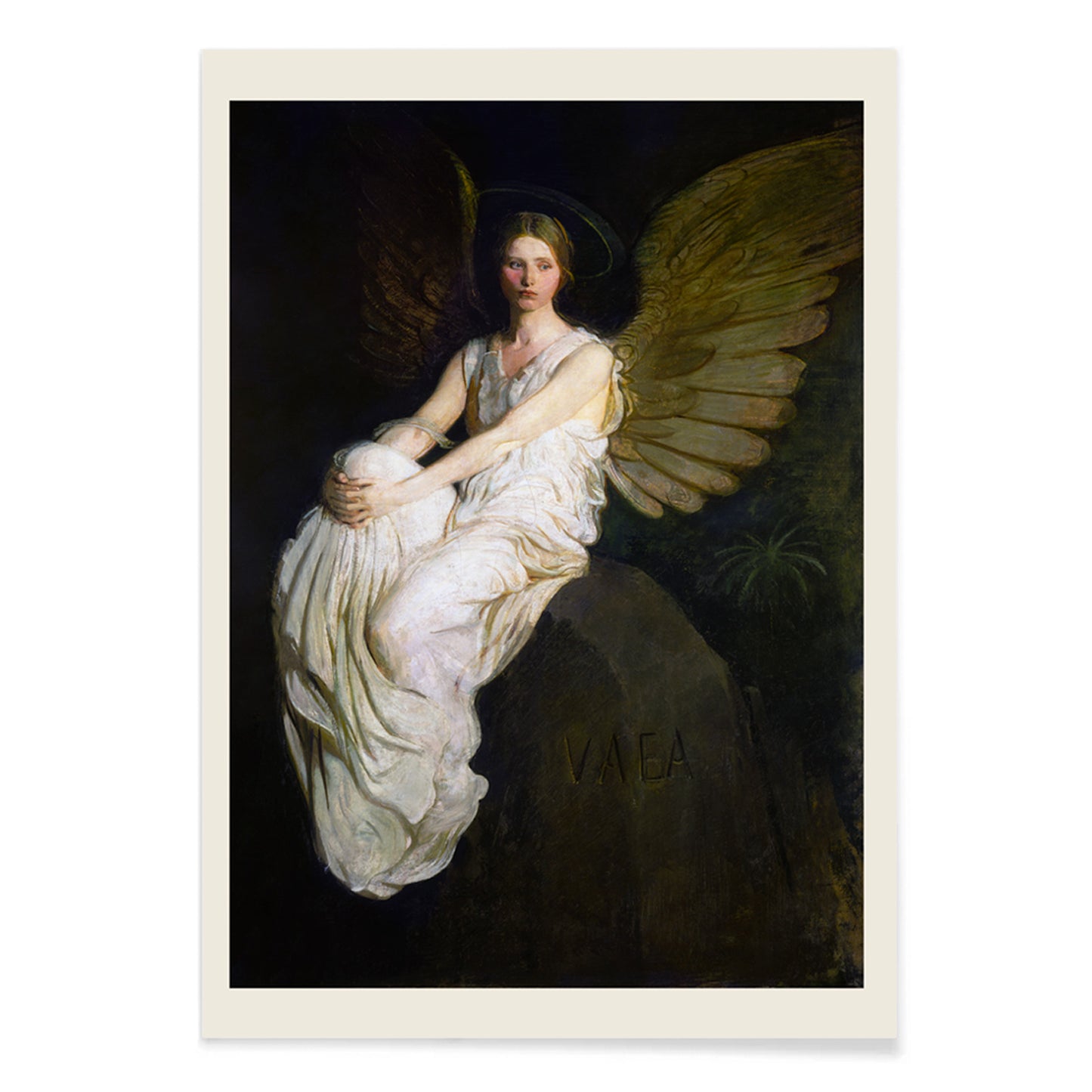 Serene angel with golden wings in white robes seated artwork Stevenson Memorial by Abbott Handerson Thayer poster, with black aluminium frame on white background