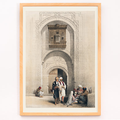Closeup detail of Modern mansion with arabesque architecture in Cairo by David Roberts featuring people in traditional attire poster