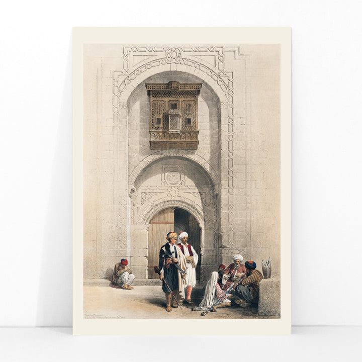 Modern mansion with arabesque architecture in Cairo by David Roberts featuring people in traditional attire poster, framed and displayed in modern living room decor