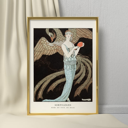 Elegant woman in blue evening dress with majestic bird Sortileges Evening dress by George Barbier art deco poster, framed and displayed in home decor