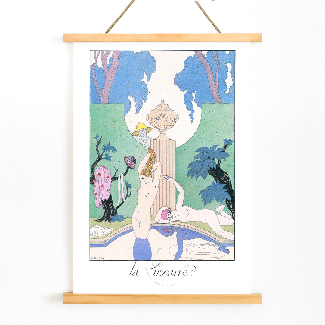 Art Deco poster La Luxure by George Barbier featuring elegant nude women lounging by a fountain in a decorative garden scene, with wooden magnetic frame on white background