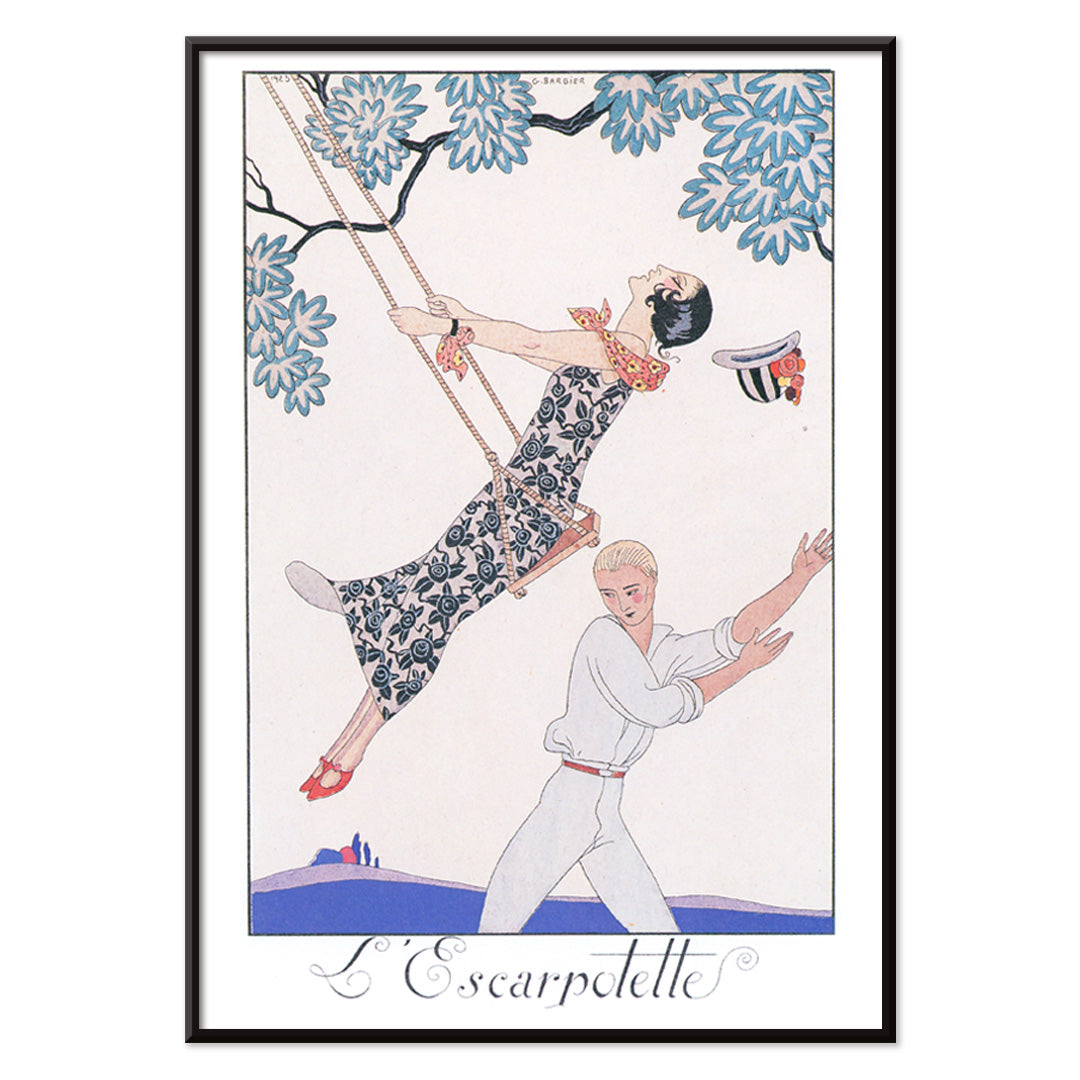 Art Deco poster of a woman on a swing with a man beneath under a tree from LEscarpotette by George Barbier, with black aluminium frame on white background