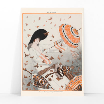 Brumaire by Armand Vallee poster featuring an elegant woman with a parasol surrounded by autumn leaves and wind, framed and displayed in modern living room decor