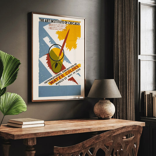 Colorful poster art for International exhibition of water colors by Arlington Gregg featuring paintbrush watercolor palette abstract brush strokes and a paintbrush in a glass, framed and displayed in home decor