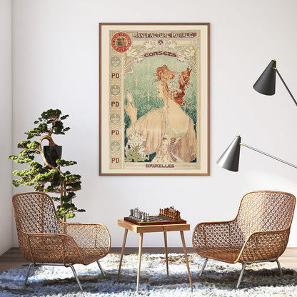 Art Nouveau poster by Alphonse Mucha featuring a woman in a corset with mirror and floral details Manufacture Royale De Corsets, framed and displayed in home decor