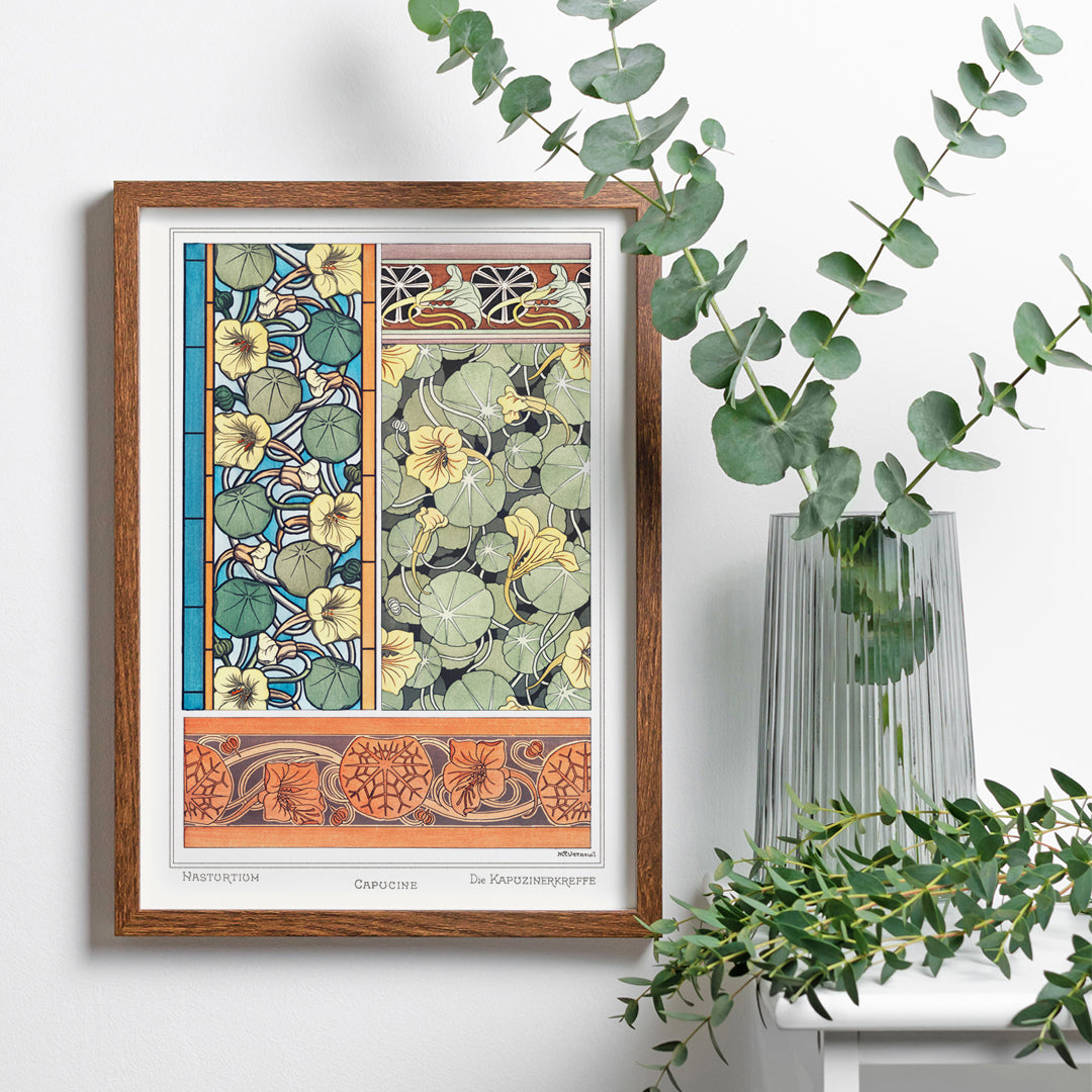 Art Nouveau capucine nasturtium botanical illustration by Maurice Pillard Verneuil from La Plante et ses Applications ornementales, framed and displayed in home decor