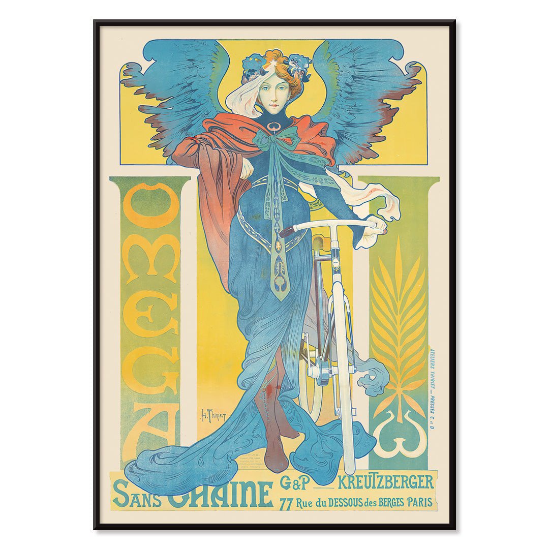 Art Nouveau poster by Henri Thiriet Omega featuring a woman in flowing robes with wings beside a bicycle colorful illustration and decorative text, with black aluminium frame on white background