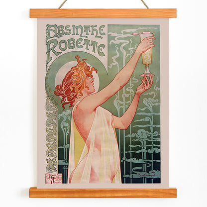 Art Nouveau poster Absinthe Robette by Privat-Livemont featuring a woman holding a glass of absinthe with stylized smoke, with wooden magnetic frame on white background