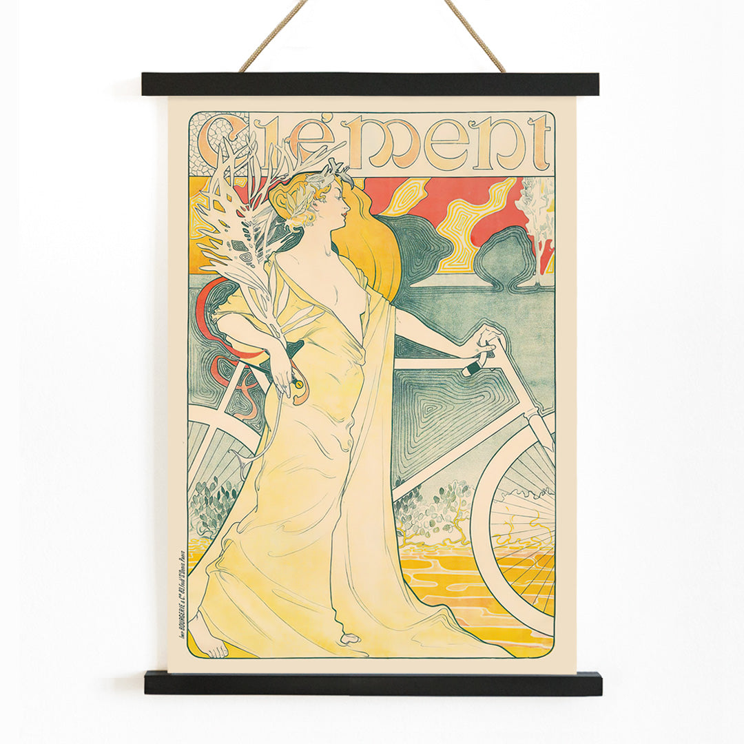 Art Nouveau poster of elegant woman in flowing gown holding bicycle by Arthur Foache Clement, with wooden magnetic frame on white background