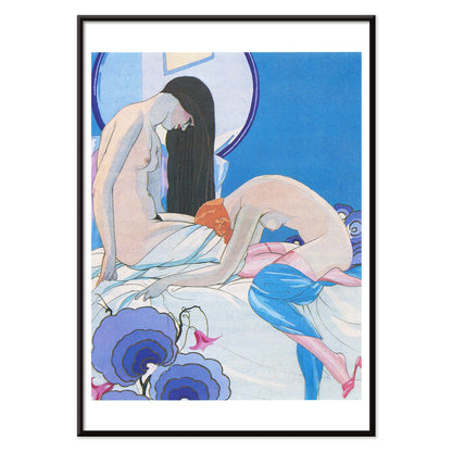 Sensual art poster of two nude figures in bed from Les Aventures du Roi Pausole by Umberto Brunelleschi erotic illustration, with black aluminium frame on white background