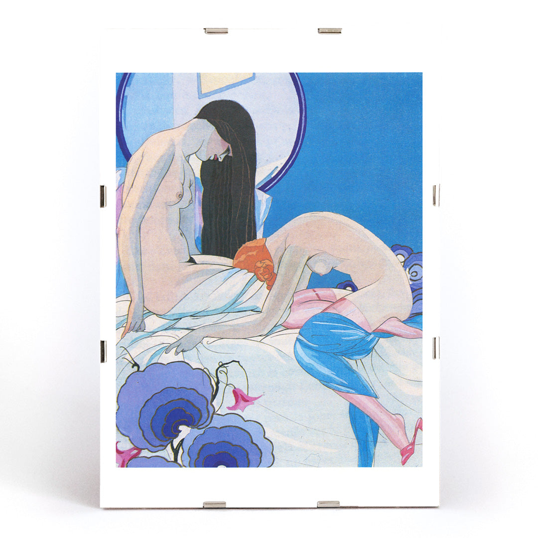 Sensual art poster of two nude figures in bed from Les Aventures du Roi Pausole by Umberto Brunelleschi erotic illustration, framed and displayed in modern living room decor