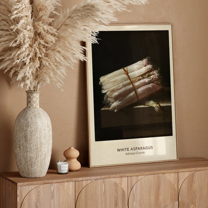 Still life painting of white asparagus on a table by Adriaen Coorte poster artwork, framed and displayed in home decor