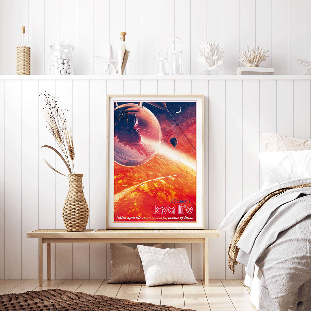 Astronaut in a pod above a glowing lava planet with a hot air balloon and crescent moon in Lava Life by NASA poster, framed and displayed in home decor