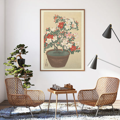 Potted azalea in bloom with red and white flowers botanical artwork Flowering azalea by Ohara Koson poster, framed and displayed in home decor