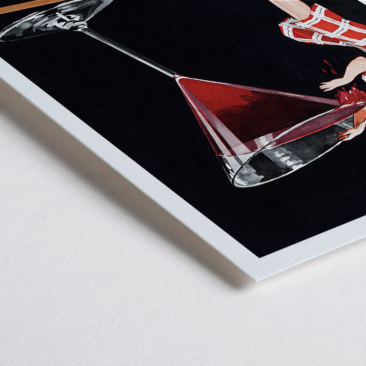 Closeup detail of Balsam Aperitif poster by Jean d Ylen showing a woman sipping from a giant red cocktail glass vibrant vintage art