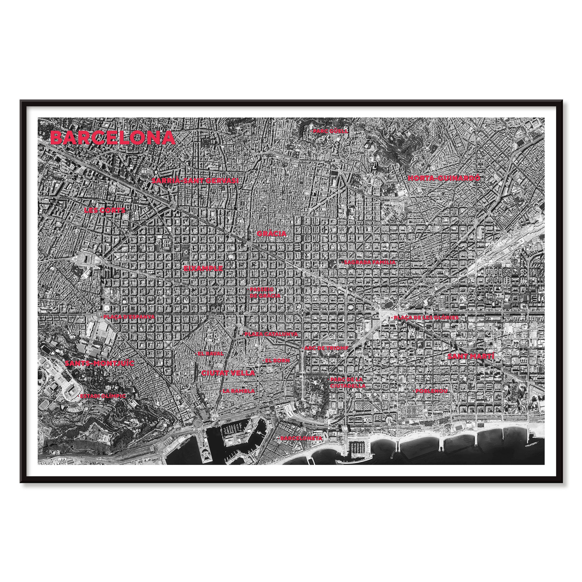 Moryarty Barcelona satellite city map poster in bold black and white aerial style showing city grid districts landmarks monuments and coastline, with black aluminium frame on white background