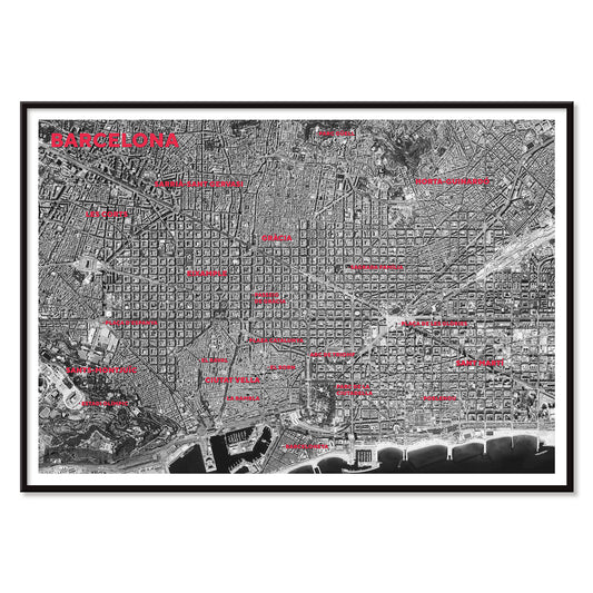 Moryarty Barcelona satellite city map poster in bold black and white aerial style showing city grid districts landmarks monuments and coastline, with black aluminium frame on white background