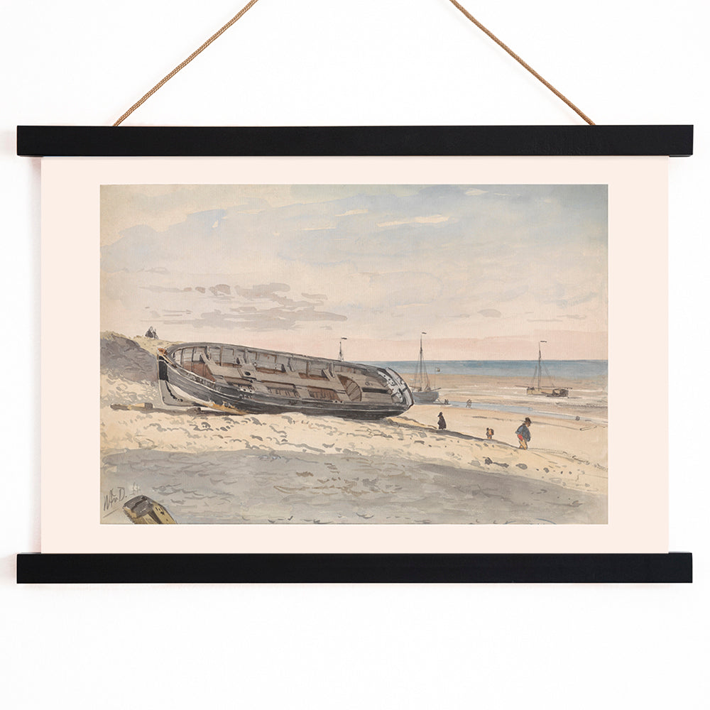 Beached barges and figures on sandy shore with distant boats Barges on the beach by Willem Anthonie van Deventer painting, with wooden magnetic frame on white background