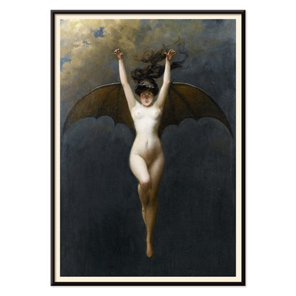 The Bat-Woman by Albert Joseph Penot artwork showing a woman with bat wings against a cloudy dark sky, with black aluminium frame on white background