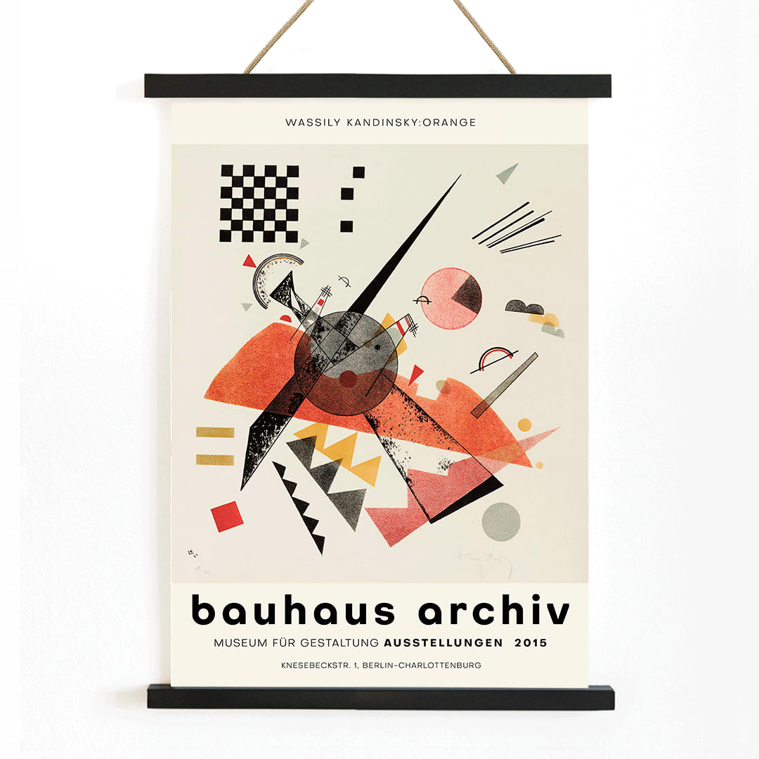 Abstract artwork Orange Bauhaus exhibition poster by Wassily Kandinsky featuring abstract geometric shapes in various colors, with wooden magnetic frame on white background