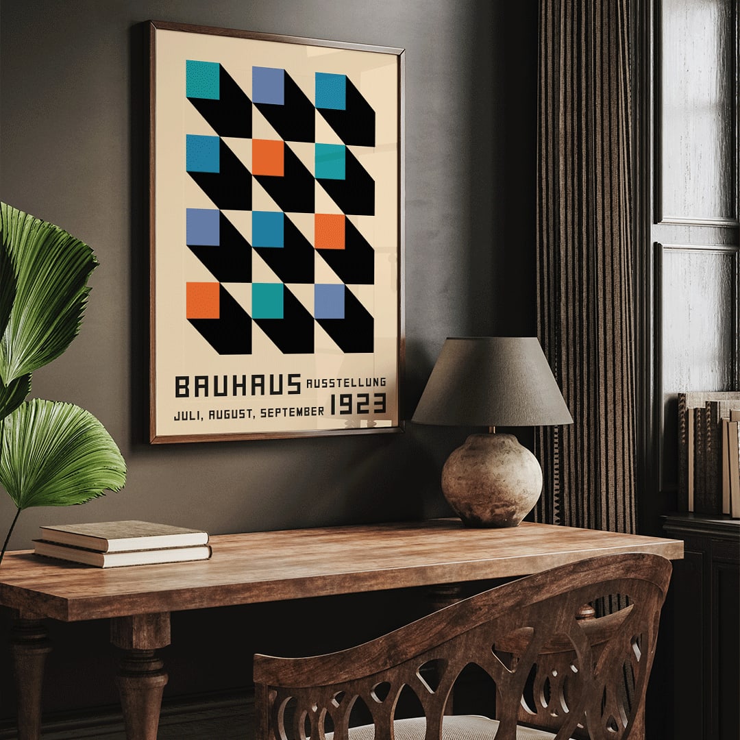 Bauhaus Poster inspired by the Weimar Exhibition with geometric patterns bold colors by Joost Schmidt in black blue orange and teal squares, framed and displayed in home decor