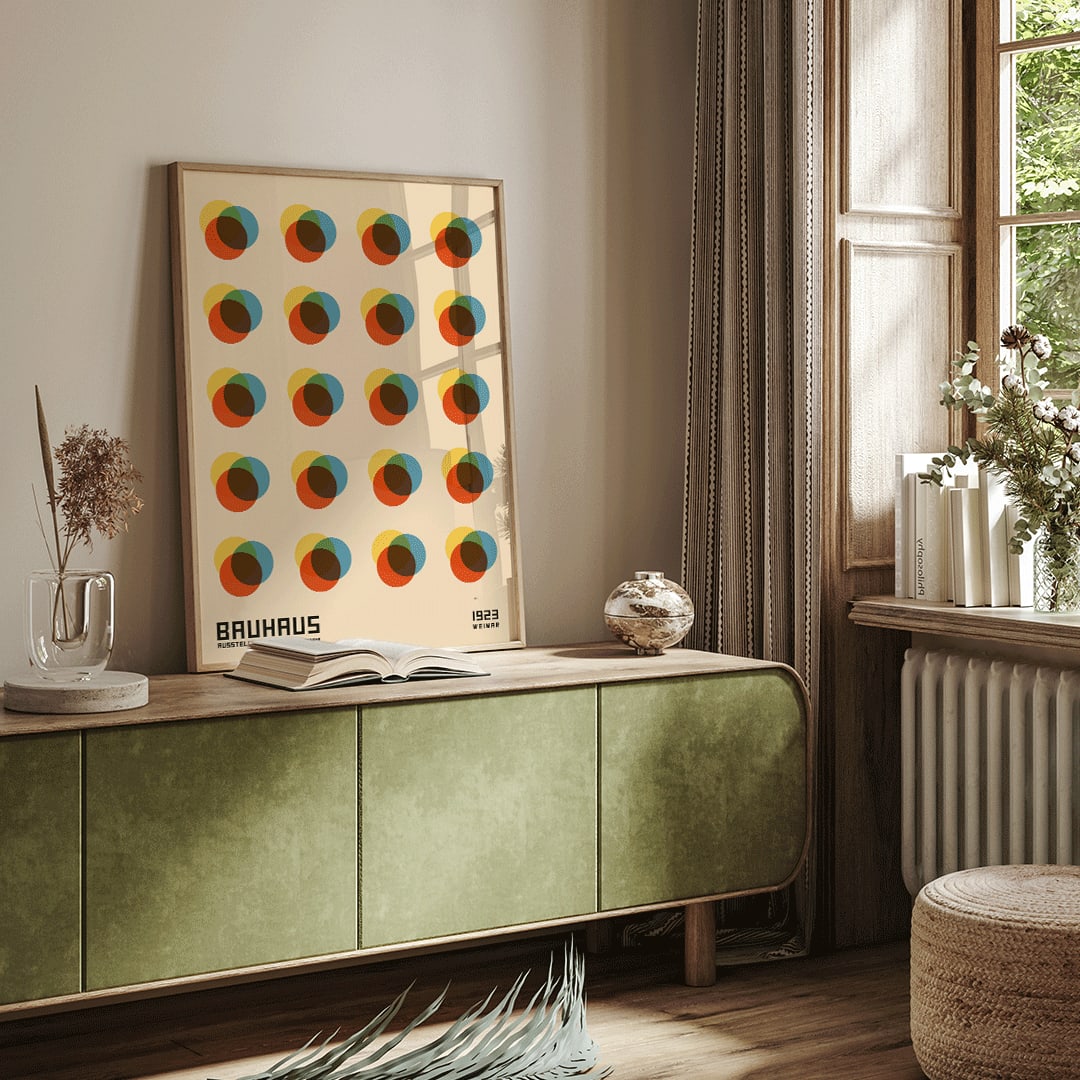 Bauhaus Poster 8 Inspired by the Weimar Exhibition with abstract colorful overlapping circles in a geometric grid pattern, framed and displayed in home decor