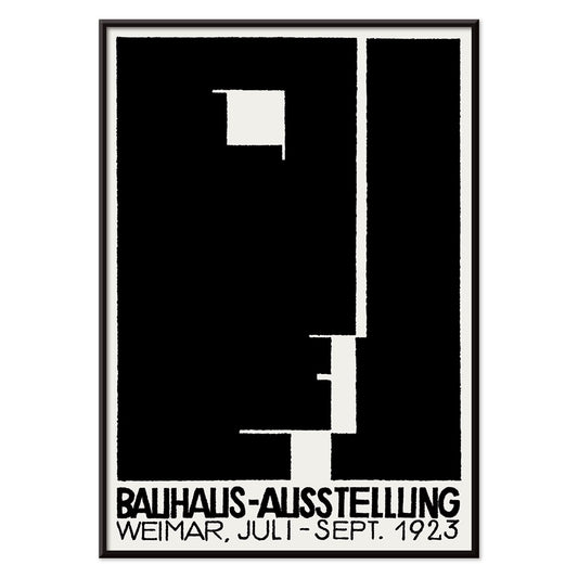 Black and white geometric abstract Bauhaus artwork by Joost Schmidt and László Moholy-Nagy featuring poster design with abstract shapes, with black aluminium frame on white background