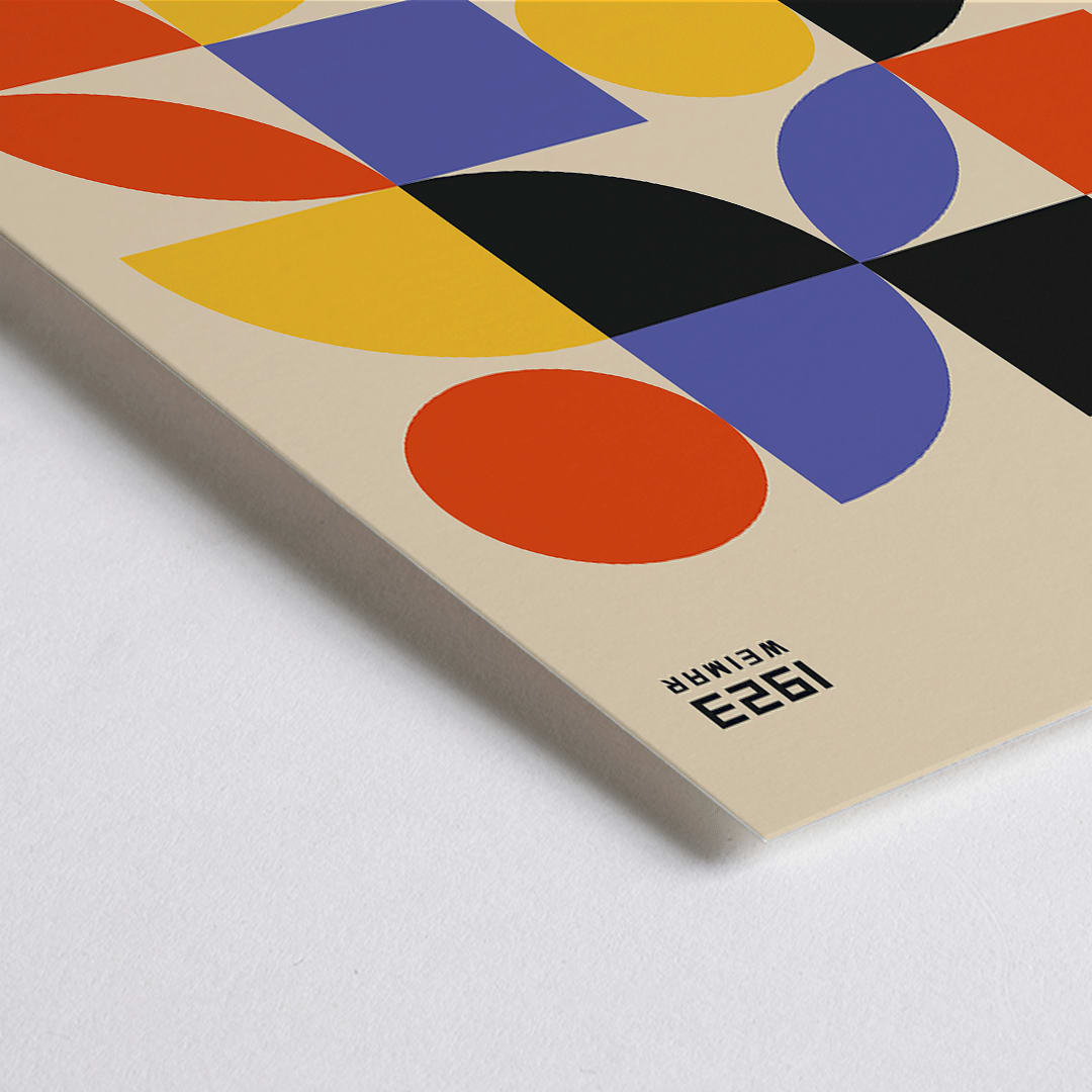Closeup detail of Bauhaus Poster 10 inspired by the Weimar Exhibition featuring colorful geometric shapes in red yellow blue and black on a beige background modern design