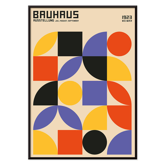 Bauhaus Poster 10 inspired by the Weimar Exhibition featuring colorful geometric shapes in red yellow blue and black on a beige background modern design, with black aluminium frame on white background
