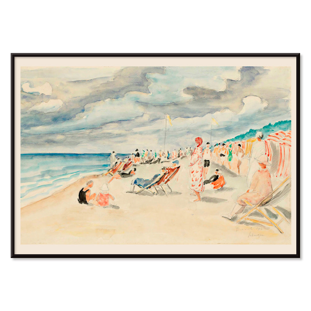 Colorful beach scene with people relaxing on deck chairs and under umbrellas at La plage de Deauville by Henri Lebasque, with black aluminium frame on white background
