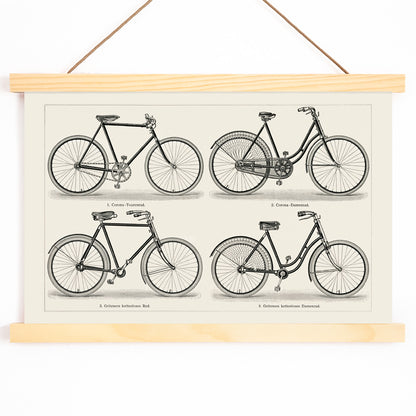 Vintage bicycles black and white lithograph from Meyers Konversations Lexikon showing various types poster, with wooden magnetic frame on white background