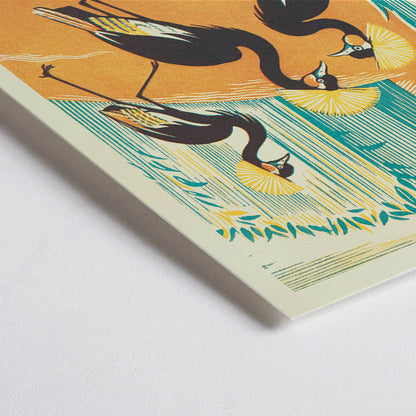 Closeup detail of Colorful exotic birds and stylized plants in a jungle setting by Clifford Webb from A Jungle Picnic Pl15 poster with orange and green background