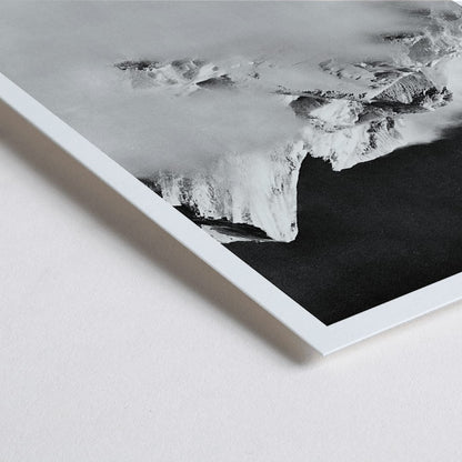 Closeup detail of Black and white photo by Vittorio Sella of mountaineers trekking toward K2 over the Godwin Austen glacier titled Le pic K2 vue prise du glacier Godwin Austen