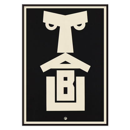 Julius Klinger Tabu poster with bold black and cream abstract geometric face in minimalist vertical design, with black aluminium frame on white background