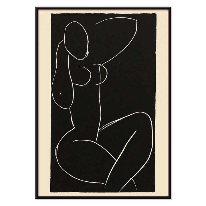 Henri Matisse Seated Nude with Crossed Legs I poster minimalist black and white nude line drawing on dark background, with black aluminium frame on white background