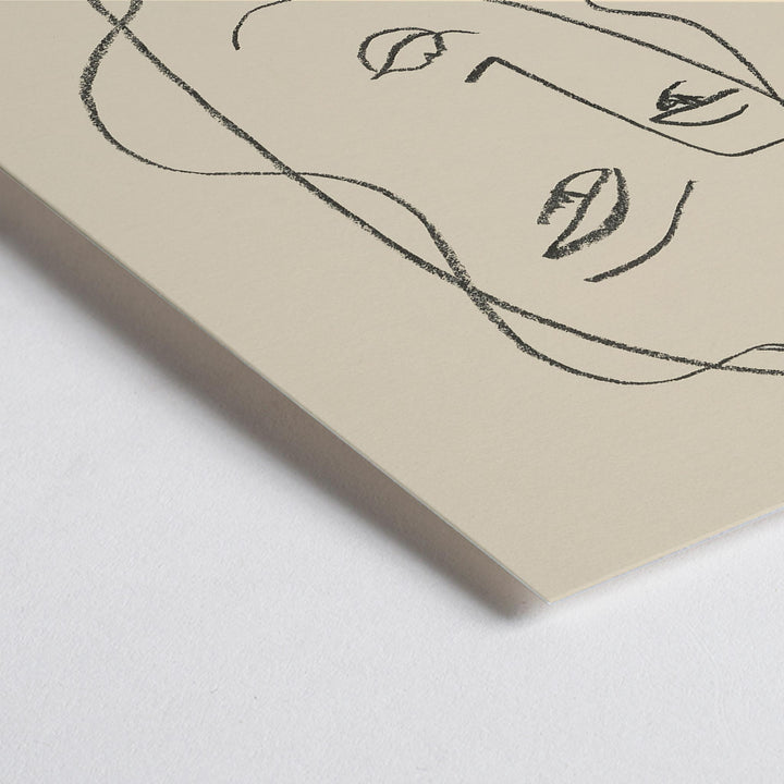 Closeup detail of Henri Matisse Veiled Head poster with minimalist veiled face in black linework on a warm pale background