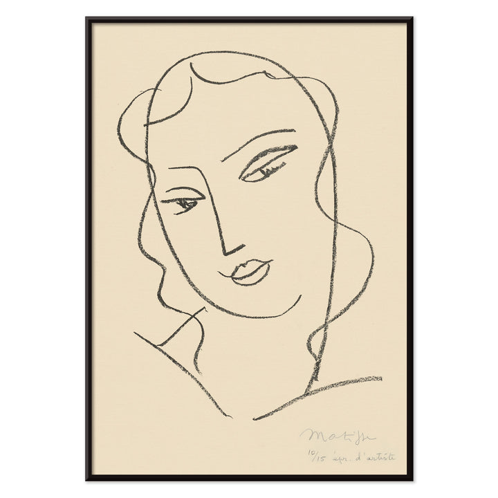 Henri Matisse Veiled Head poster with minimalist veiled face in black linework on a warm pale background, with black aluminium frame on white background