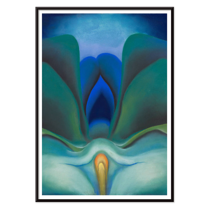 Georgia OKeeffe Blue Flower poster luminous blue and green abstract bloom with soft yellow center, with black aluminium frame on white background